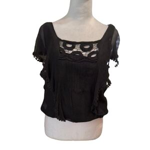 Black Rainn Silk Blouse Crochet Neck Sheer Boho Top Womens XL Fairygoth